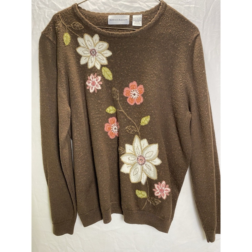 Alfred Dunner Brown Floral Embroidered Beaded Sweater Wool Blend Large